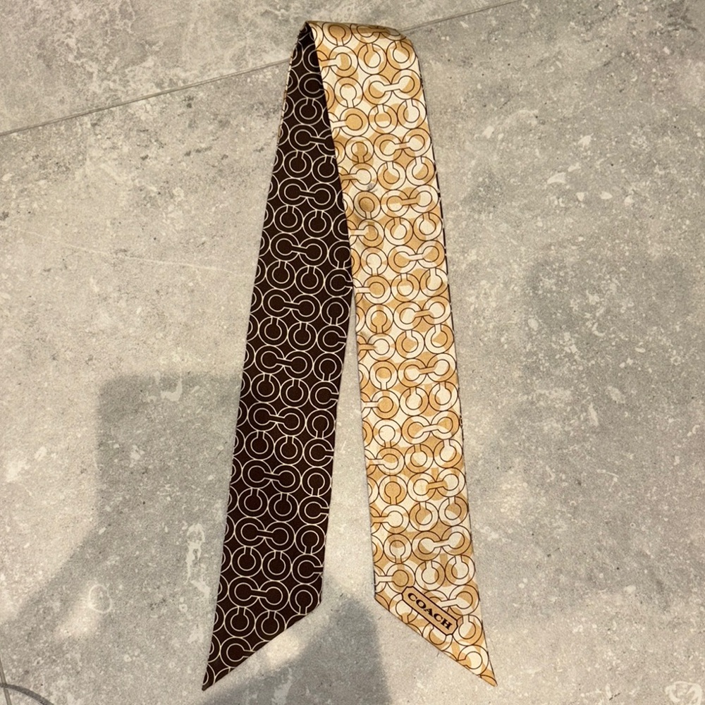 Coach Auth. Brown and Cream Silk Scarf/Twilly